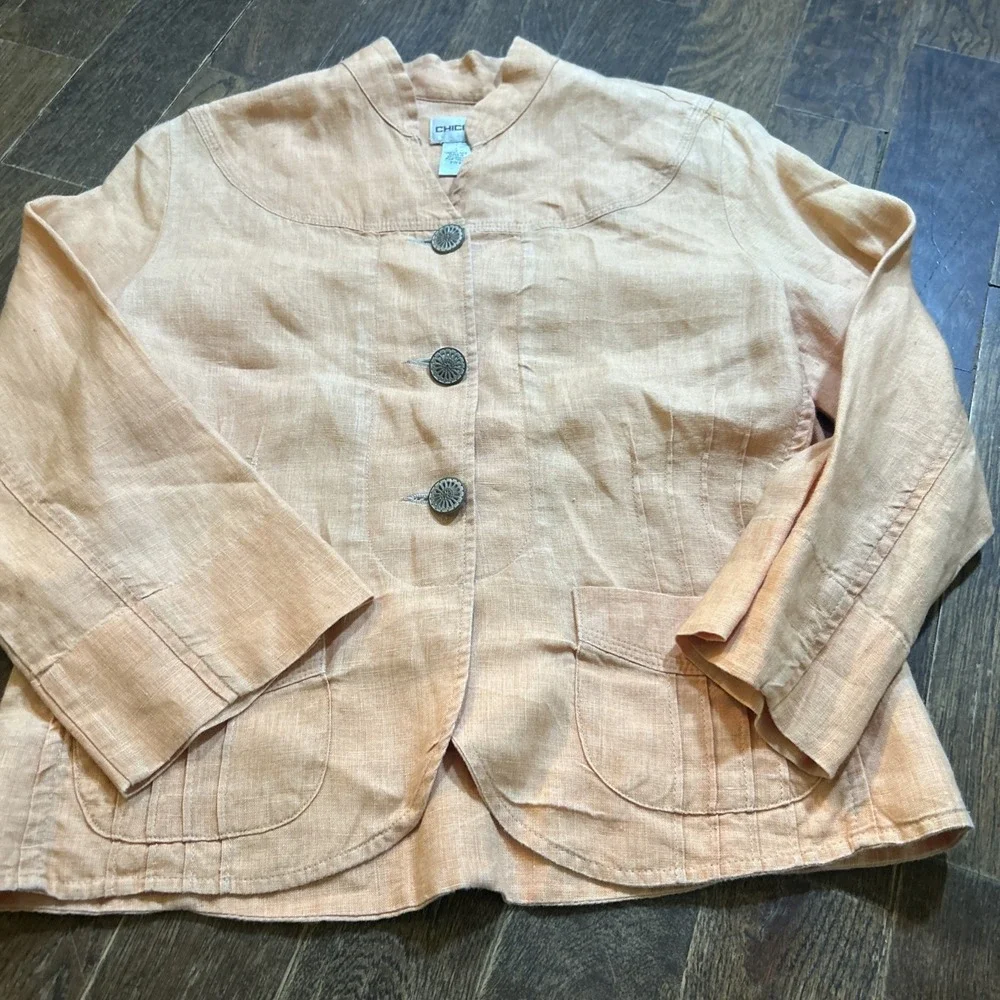 Chicos Womens‎ Size 0 Orange 100 Linen 3/4 Sleeve Button Crop Lightweight Jacket